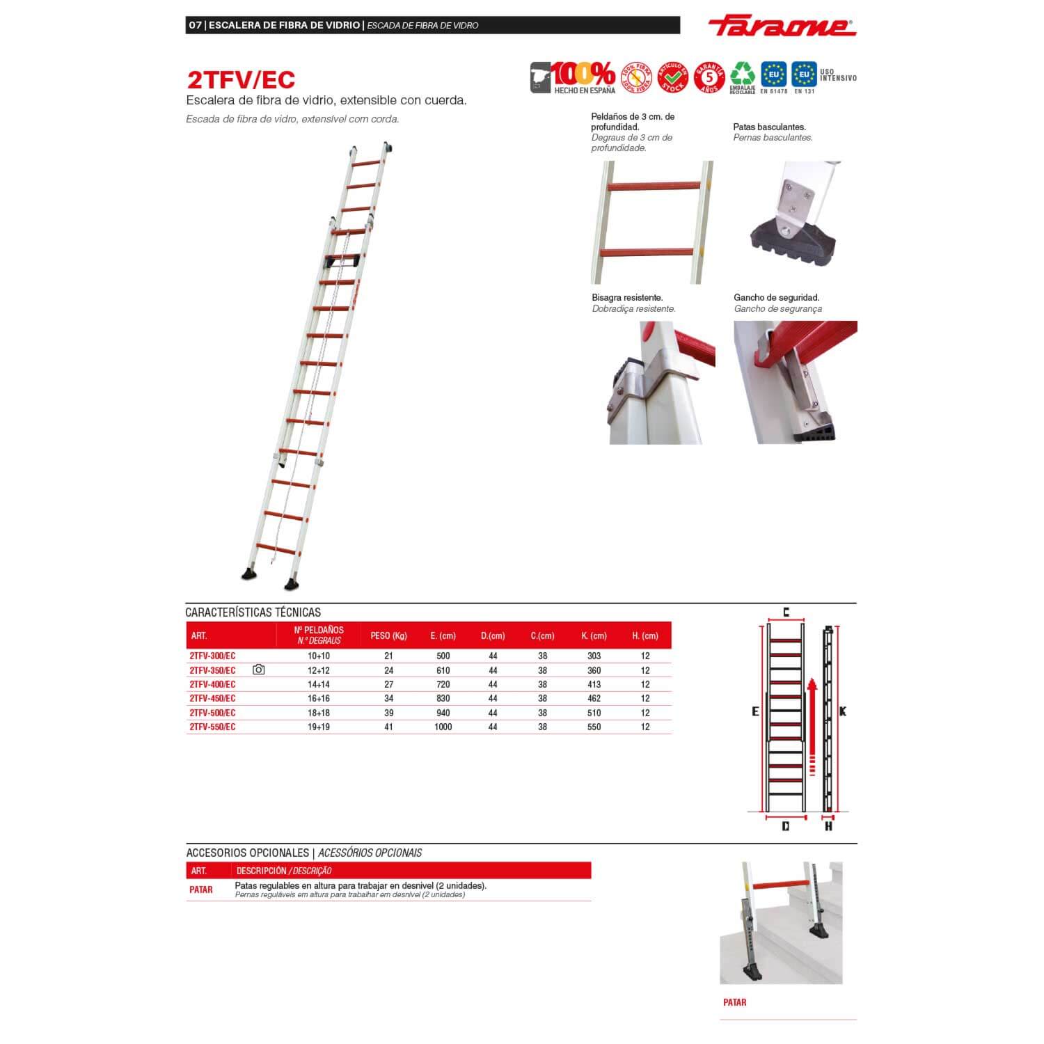 2TFVE450 | 2TFVE | Escalera extensible manual con cuerda de fibra de vidrio Peldaños 16+16