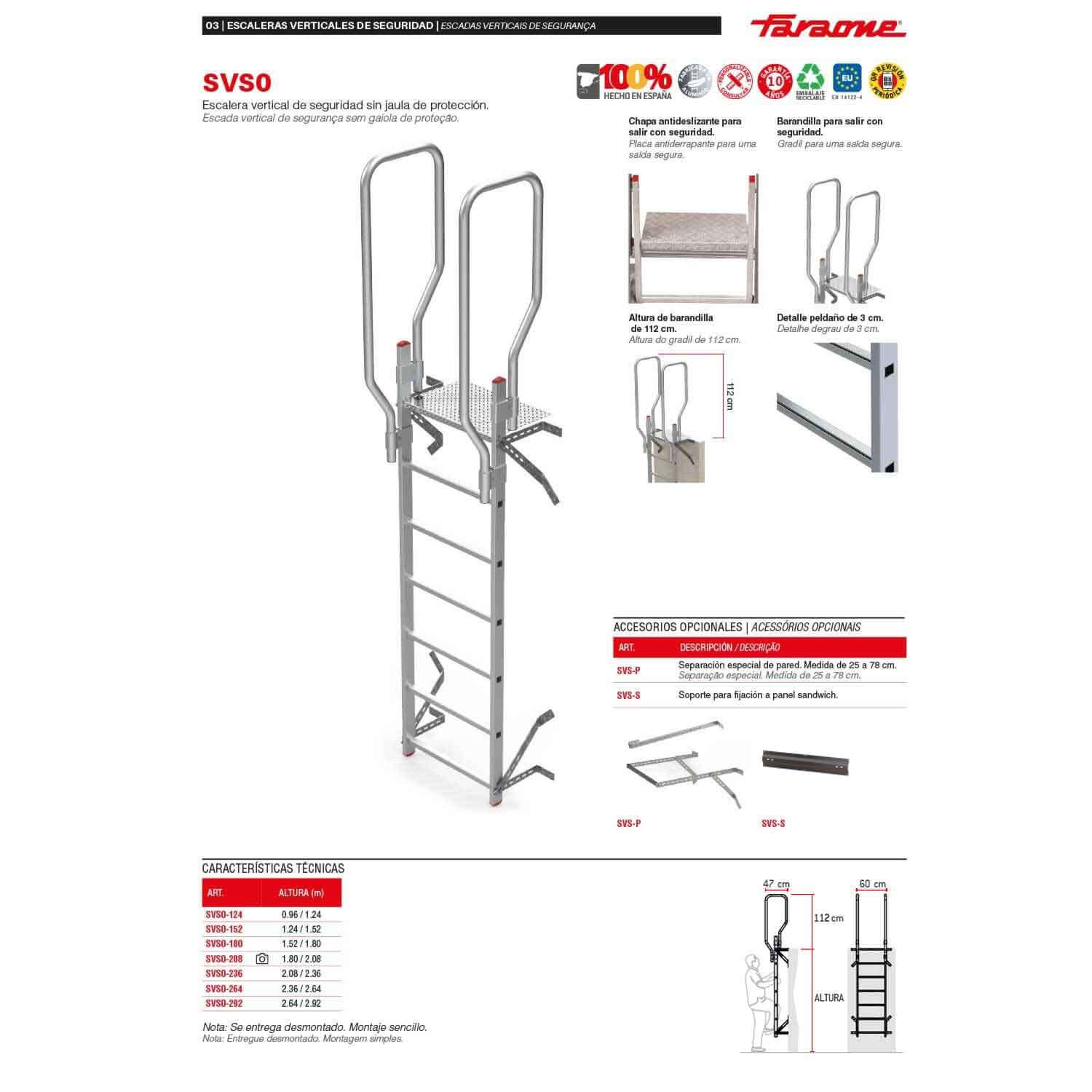 SVS0 | SVS | Escalera vertical con jaula de protección Altura de desembarco 1,52 / 1,80 m
