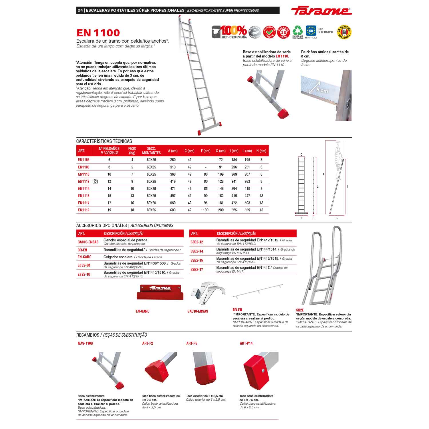 EN1112 | EN1100 | Escalera de apoyo con peldaños anchos Longitud de la escalera 363 cm.