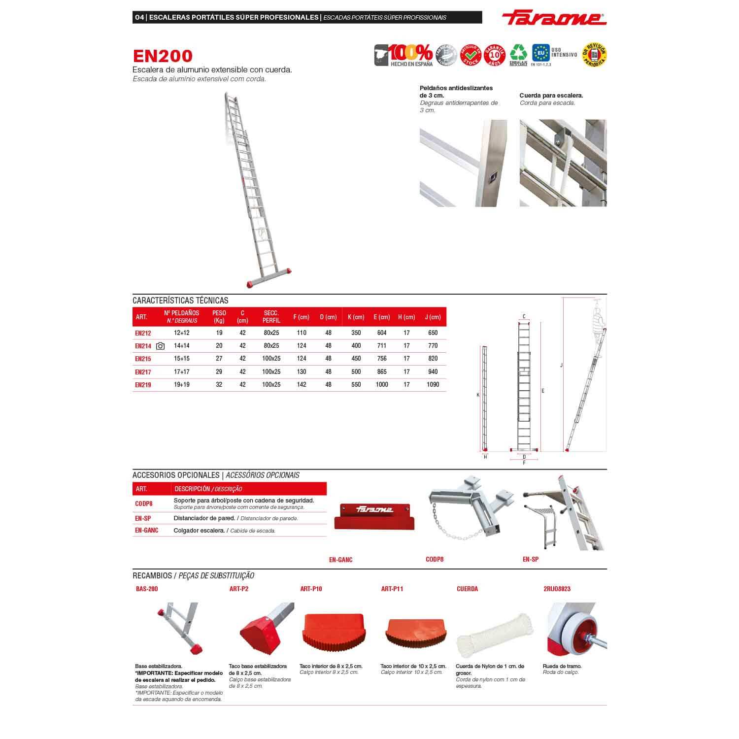 EN215 | EN200 | Escalera extensible mecánica con cuerda Peldaños 15+15