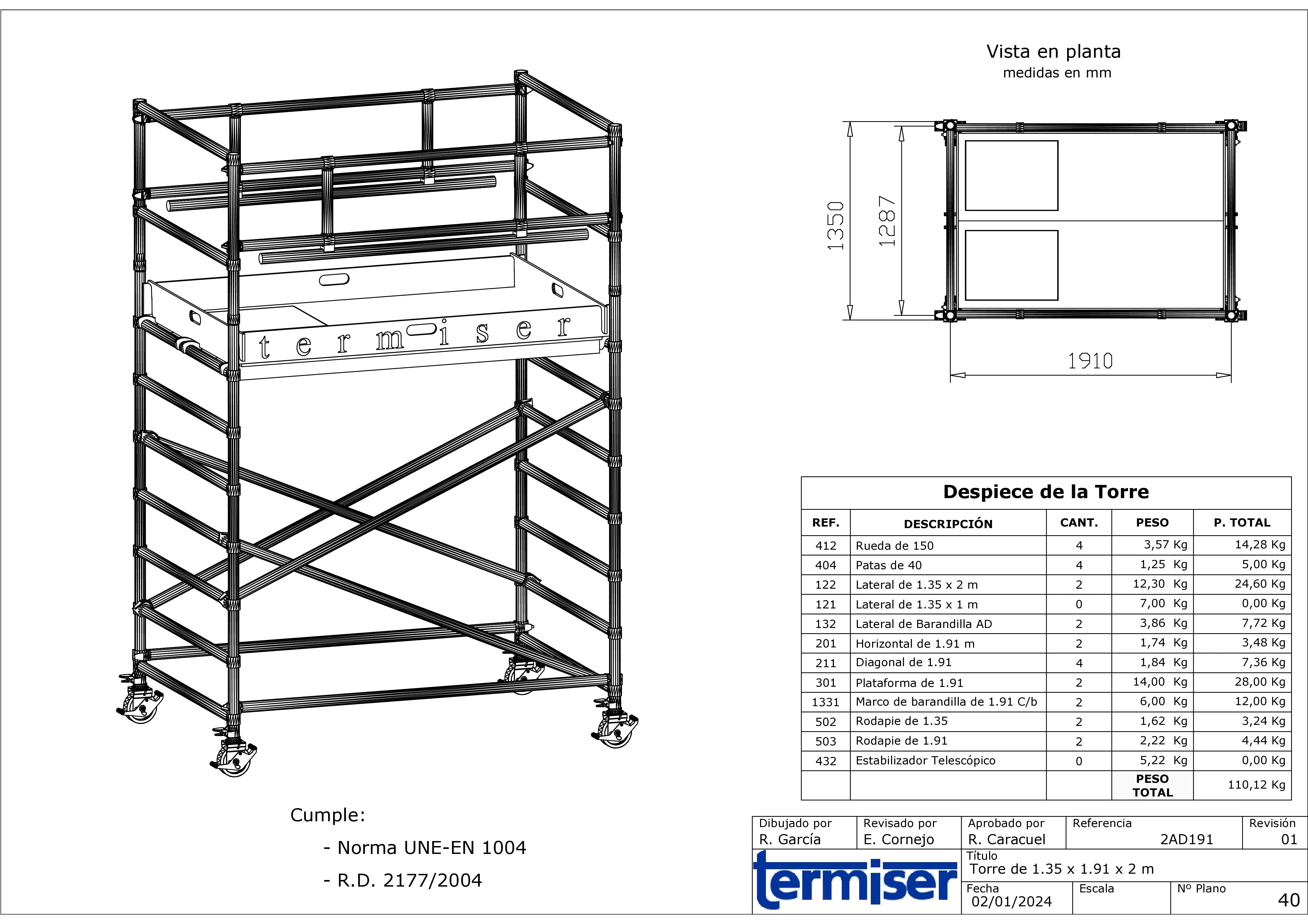Andamio Aluminio Termiser Ancho Simple 75x190 6,20m altura trabajo